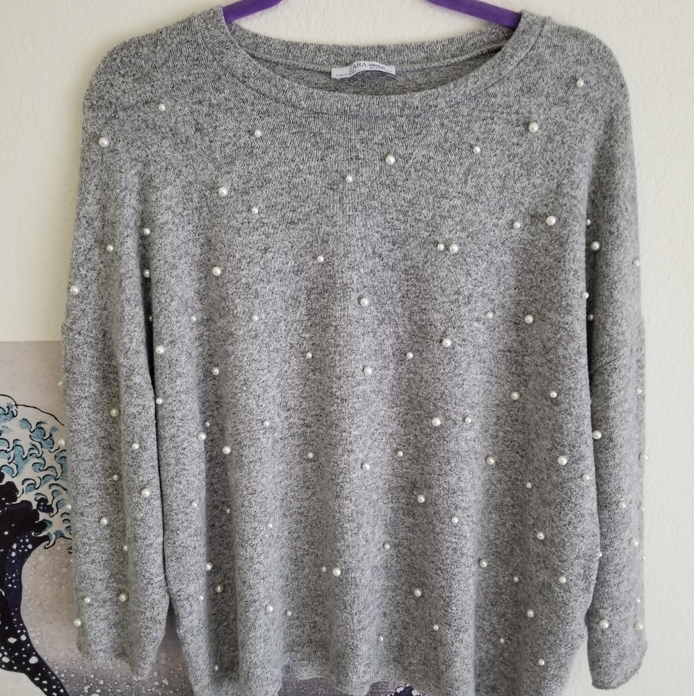 Zara Faux Pearl Embellished Gray Sweater